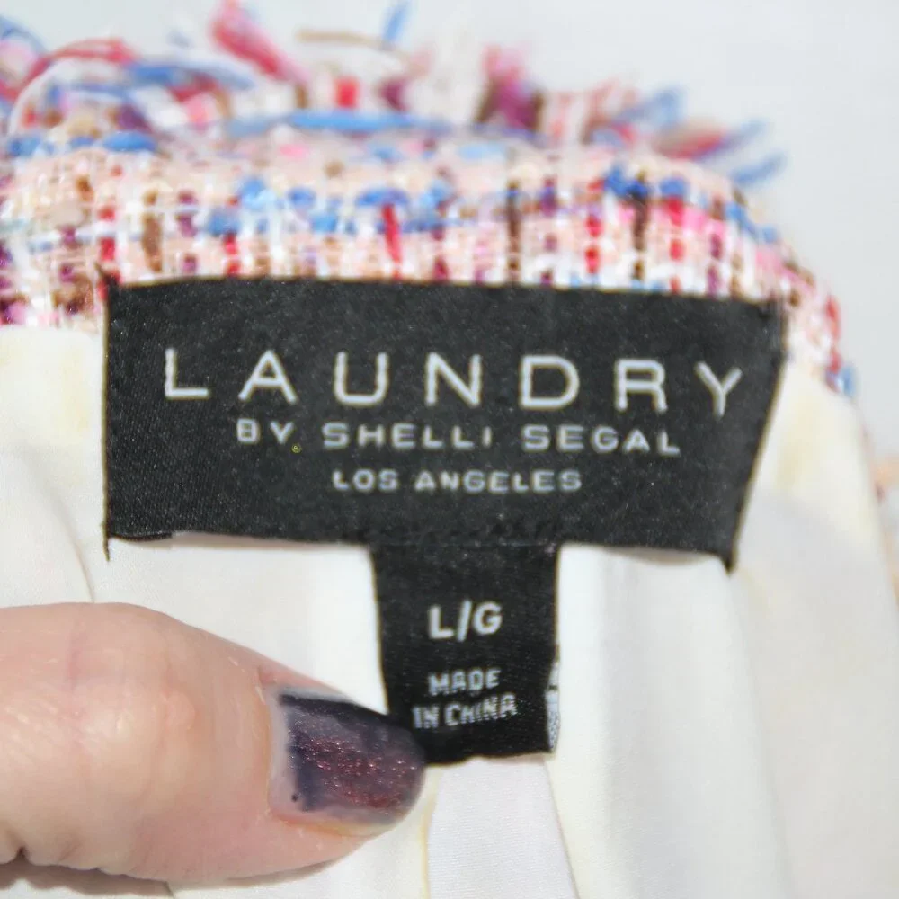 Laundry By Shelli Segal Fringe Pink Tweed Walker Coat Outerwear L Open Blazer - Picture 9 of 9